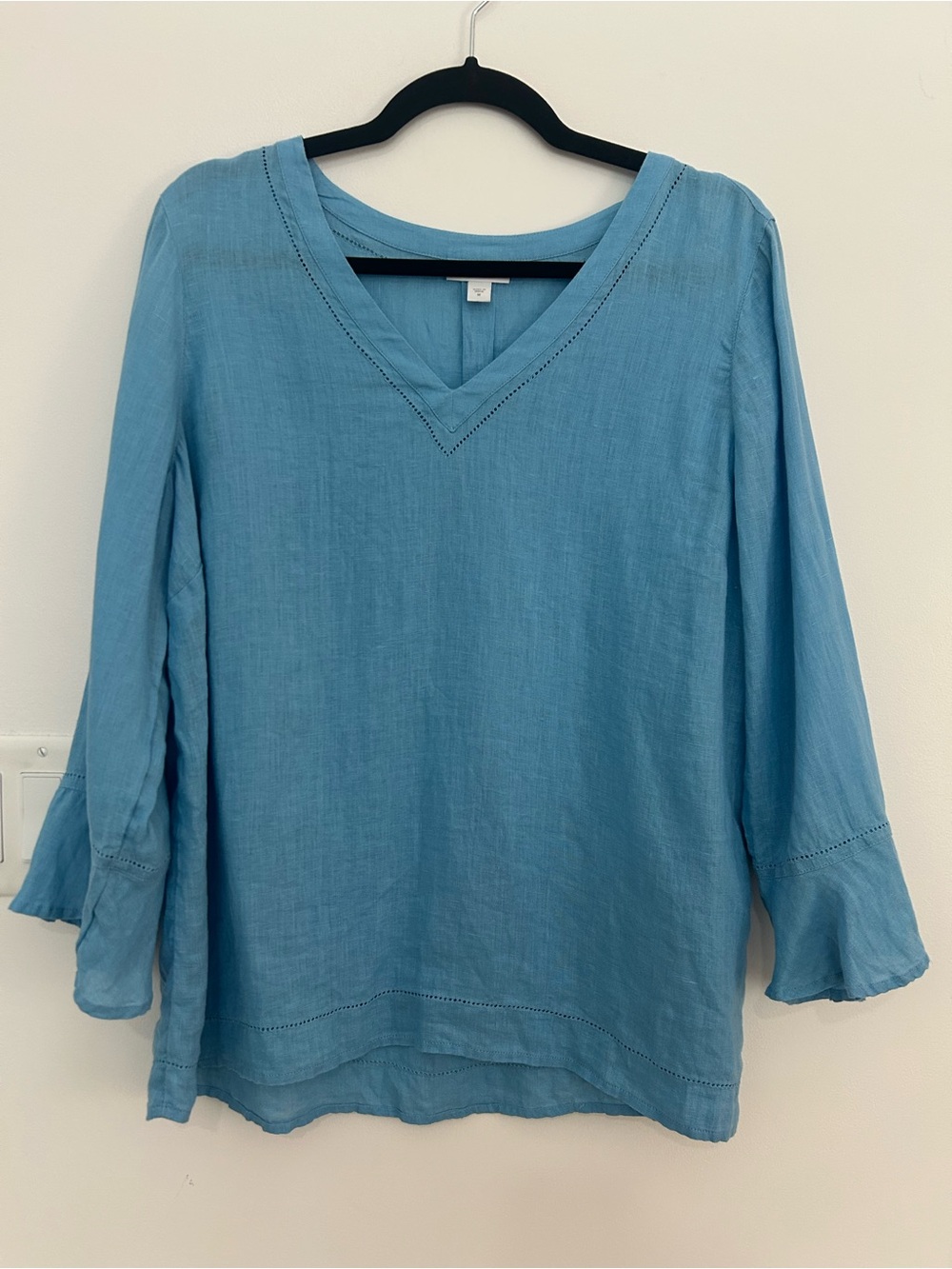 J.Jill Love Linen Blue 100% Linen Bell Sleeve Blouse Top M Coastal